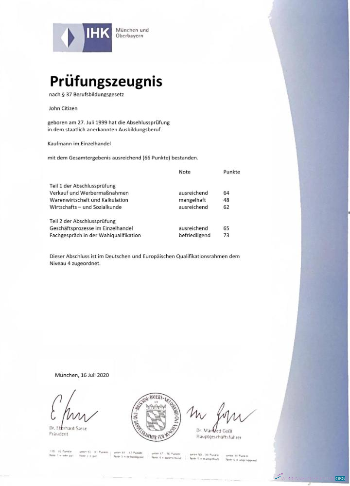 Download Germany IHK Munich examination certificate Word and PDF template Photoshop template